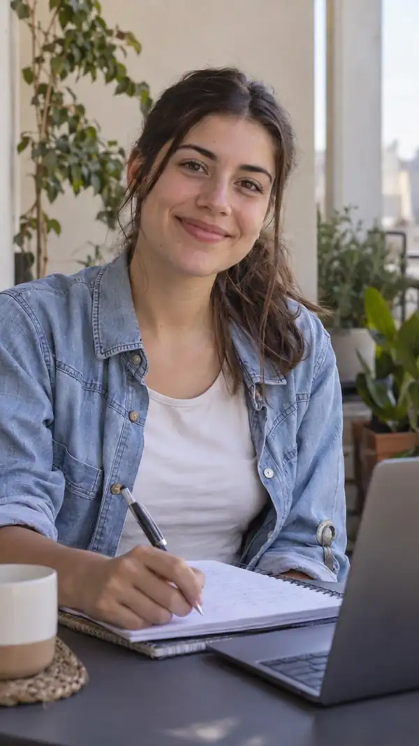 Joven estudiando con una notebook en el balcón de su casa para terminar la secundaria online en BEA